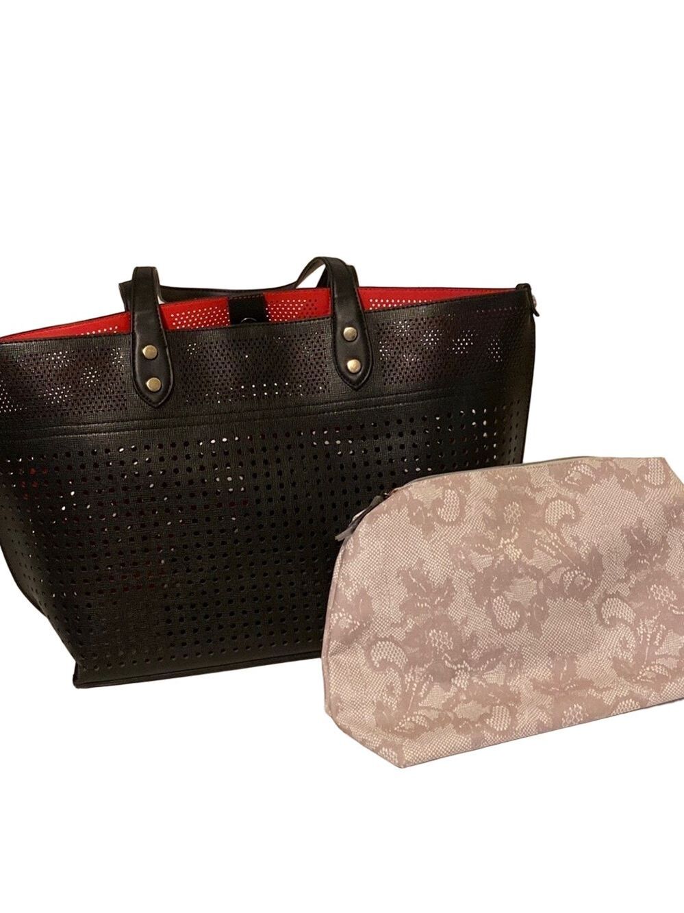 New. Tote Bag with matching pouch. Perforated pattern, snap close, black.